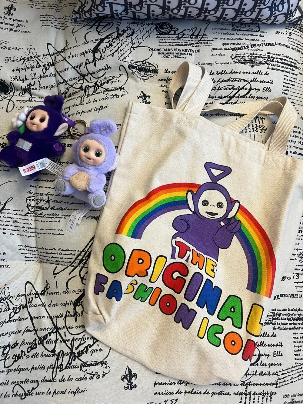 Teletubbies Tinky Winky Pop Mart plushies and tote